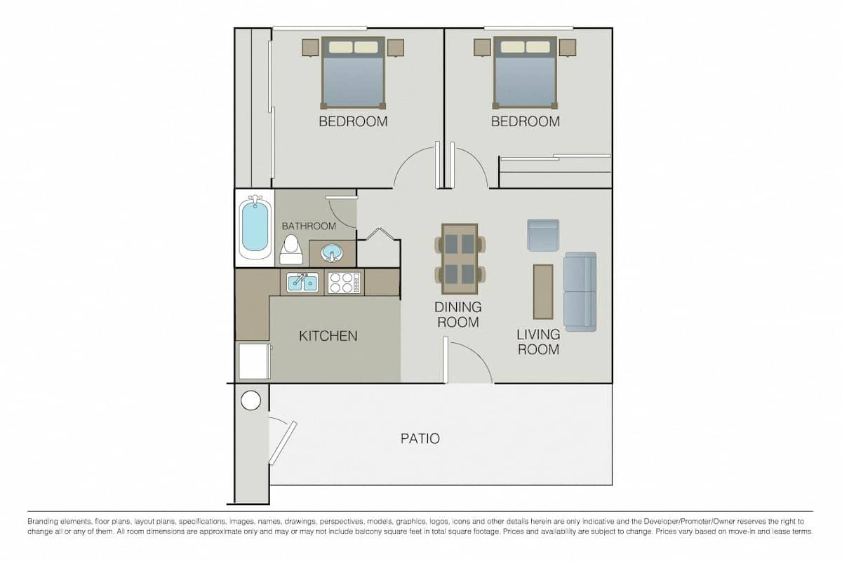 Floorplan diagram for 2 Bed 1 Bath C, showing 2 bedroom