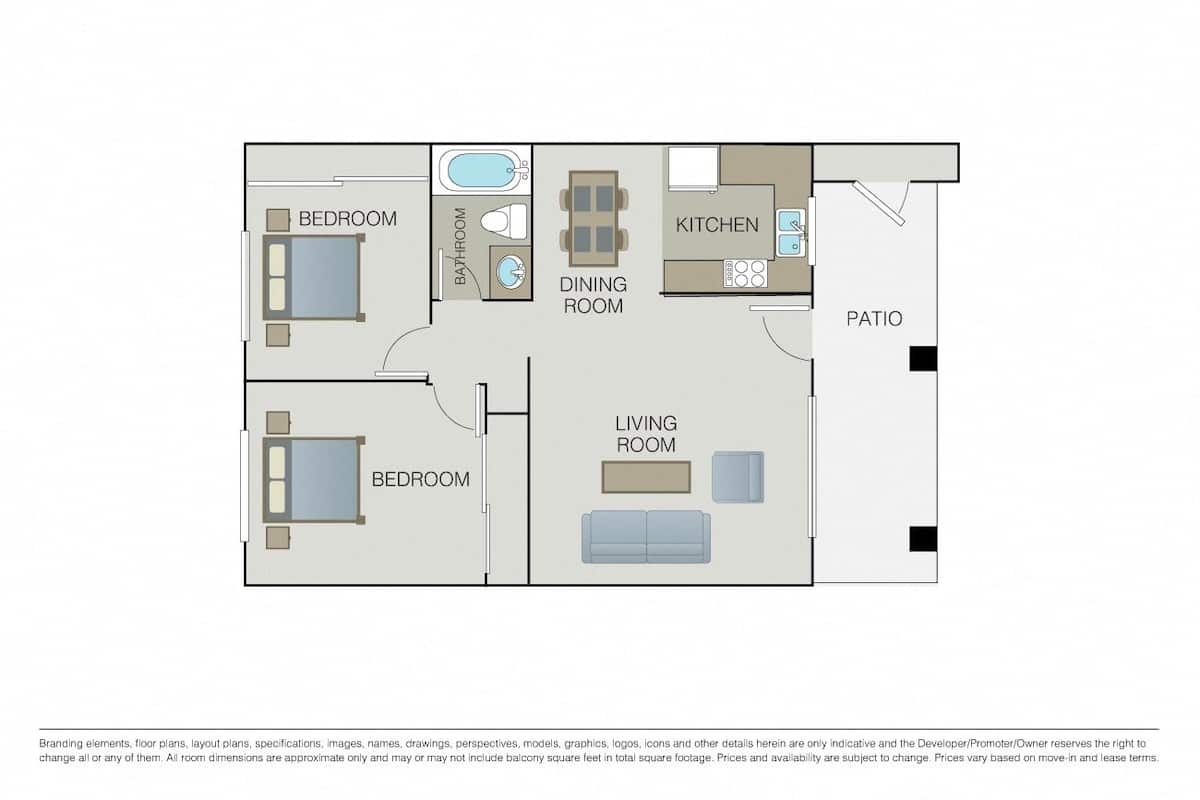 Floorplan diagram for 2 Bed 1 Bath B, showing 2 bedroom