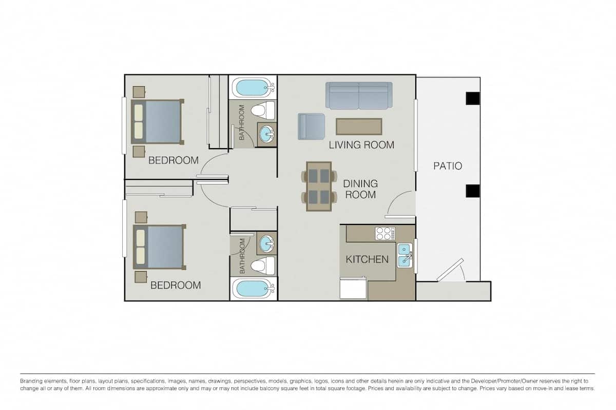 Floorplan diagram for 2 Bed 2 Bath A, showing 2 bedroom