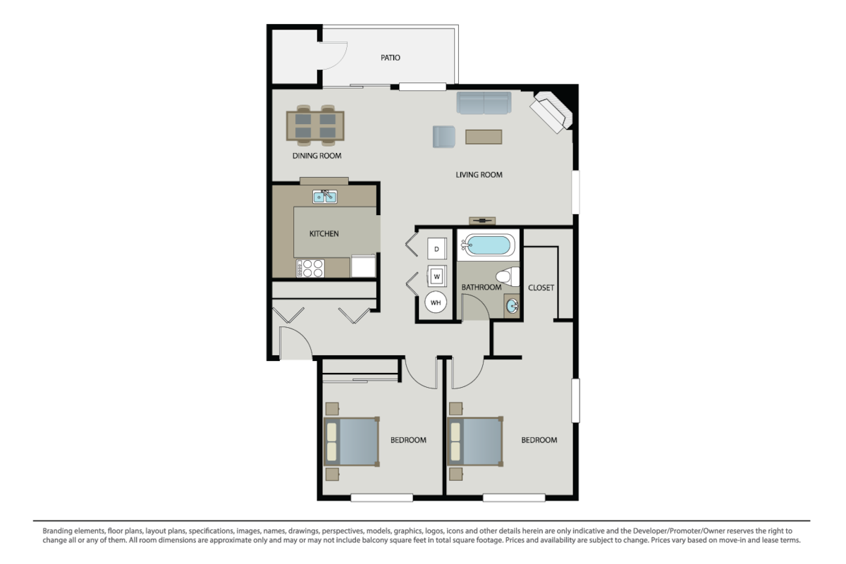 Floorplan diagram for 2 Bed 1 Bath A, showing 2 bedroom