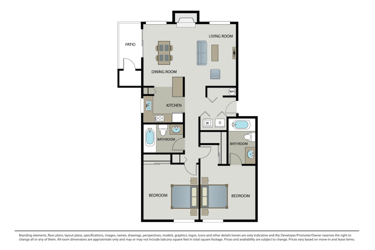 Floorplan diagram for 2 Bed 2 Bath A, showing 2 bedroom