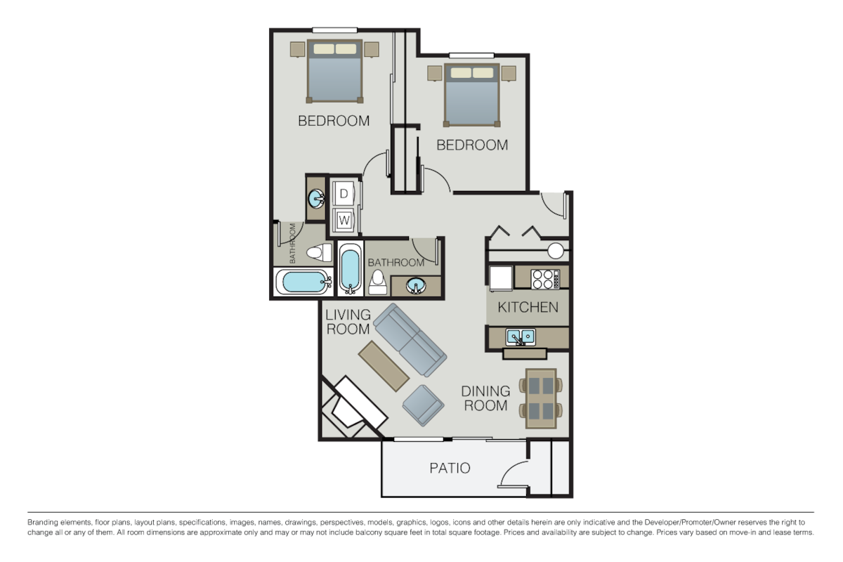 Floorplan diagram for 2 Bed 2 Bath B, showing 2 bedroom