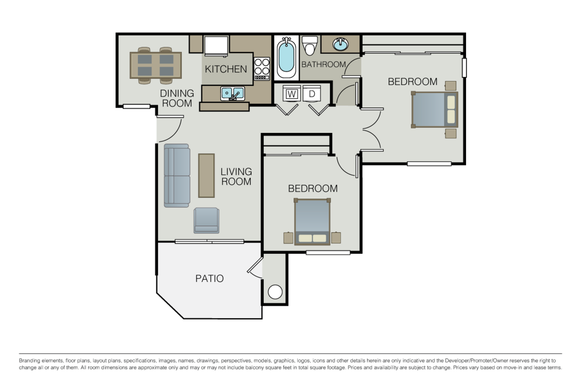 Floorplan diagram for 2 Bed 1 Bath B, showing 2 bedroom