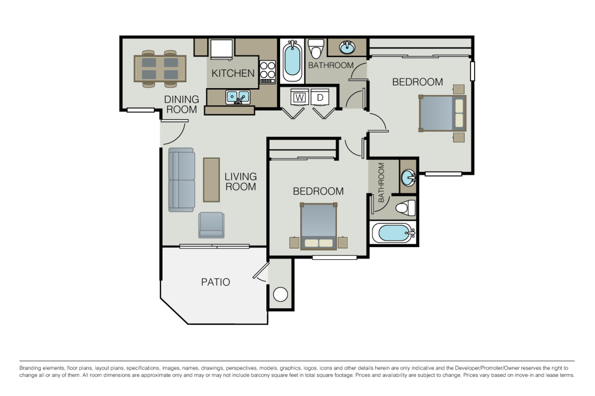 Floorplan diagram for 2 Bed 2 Bath C, showing 2 bedroom