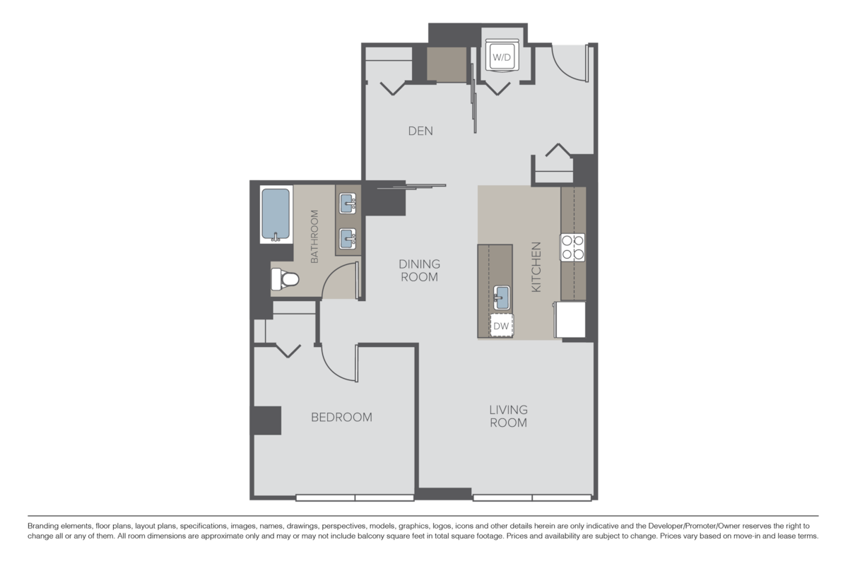 Floorplan diagram for Plan 1F + Den, showing 1 bedroom