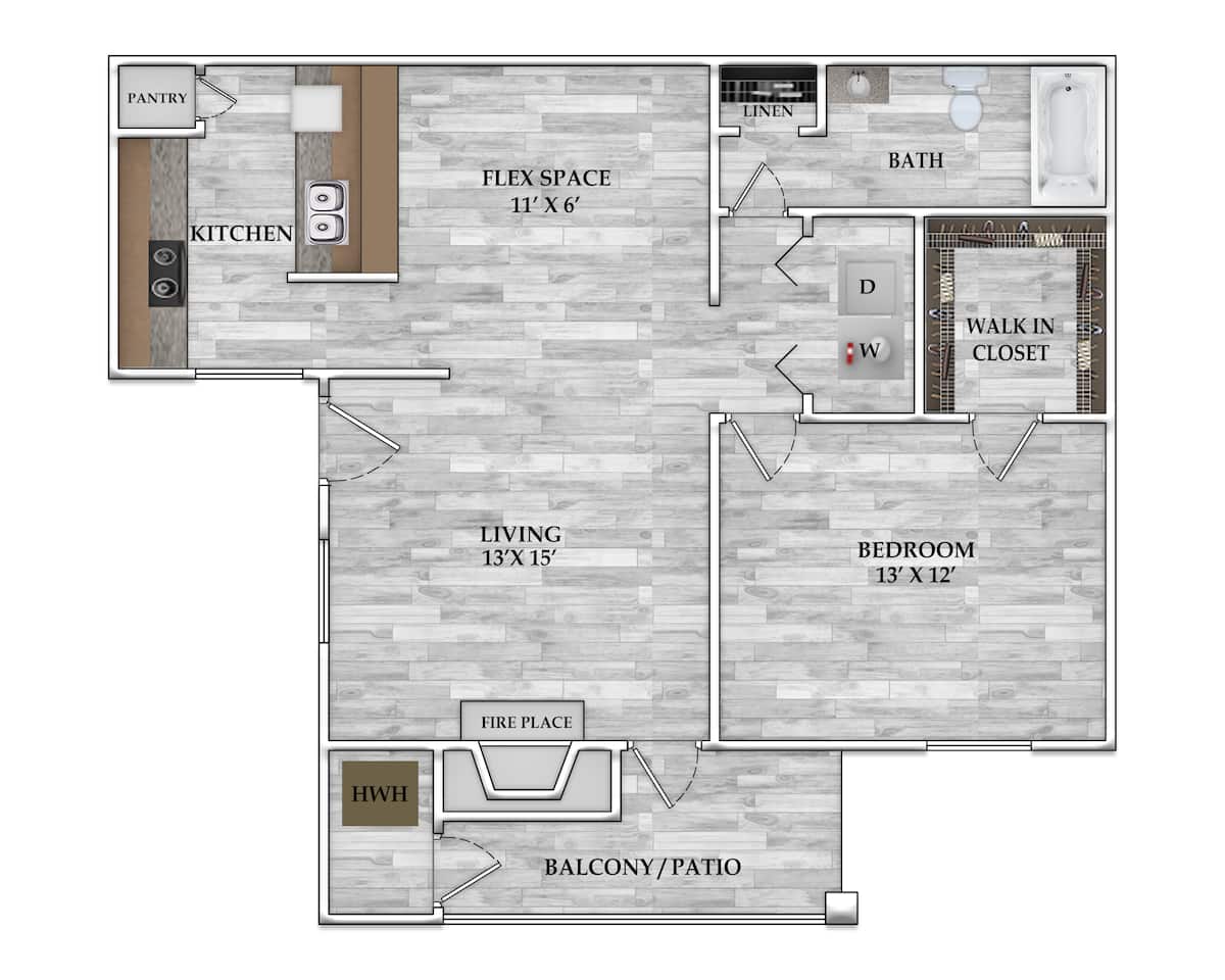 Floorplan diagram for 1x1 718 SF, showing 1 bedroom