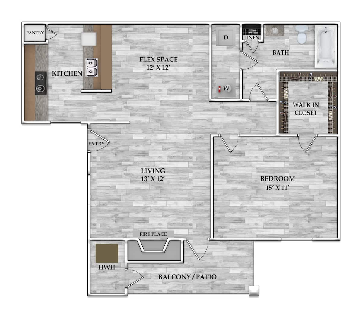 Floorplan diagram for 1x1 827 SF, showing 1 bedroom