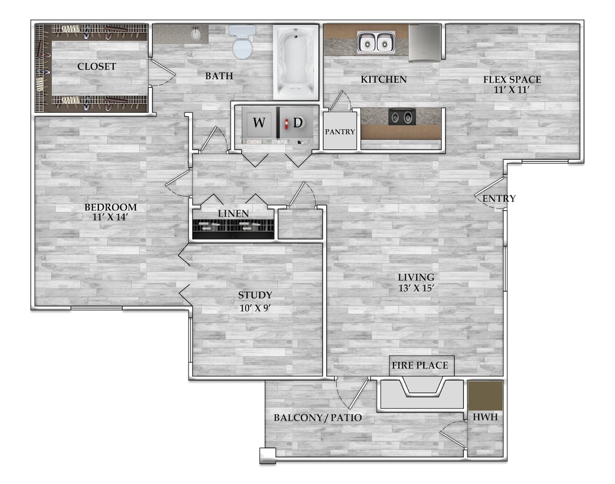 Floorplan diagram for 1x1 876 SF, showing 1 bedroom