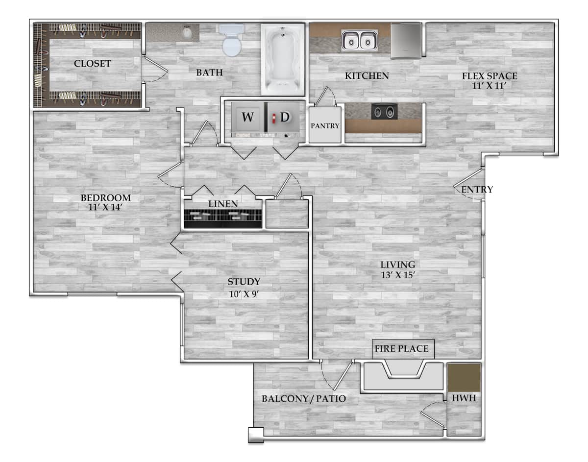Floorplan diagram for 1x1 876 SF, showing 1 bedroom