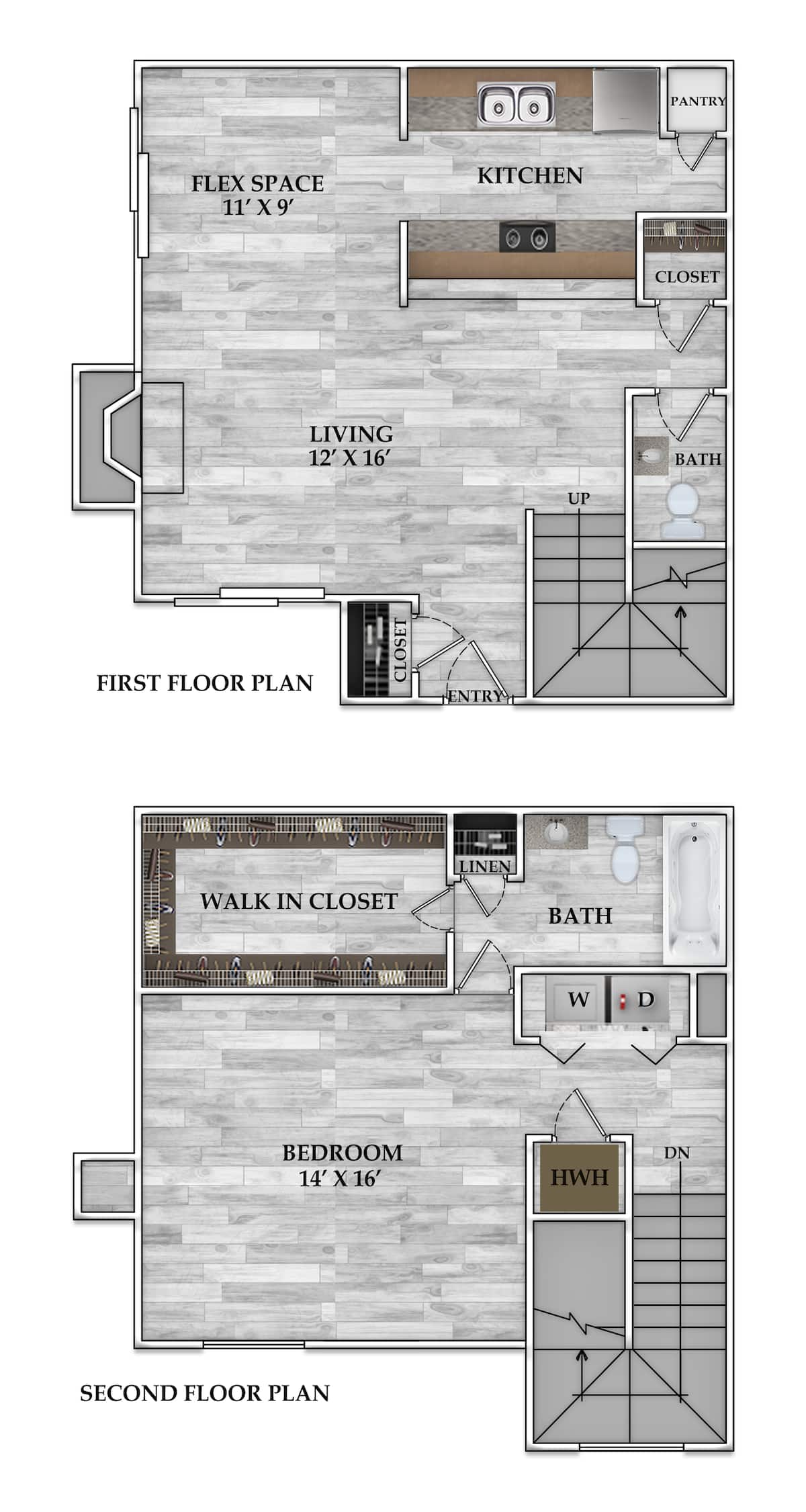 Floorplan diagram for 1x1.5 1072 SF, showing 1 bedroom