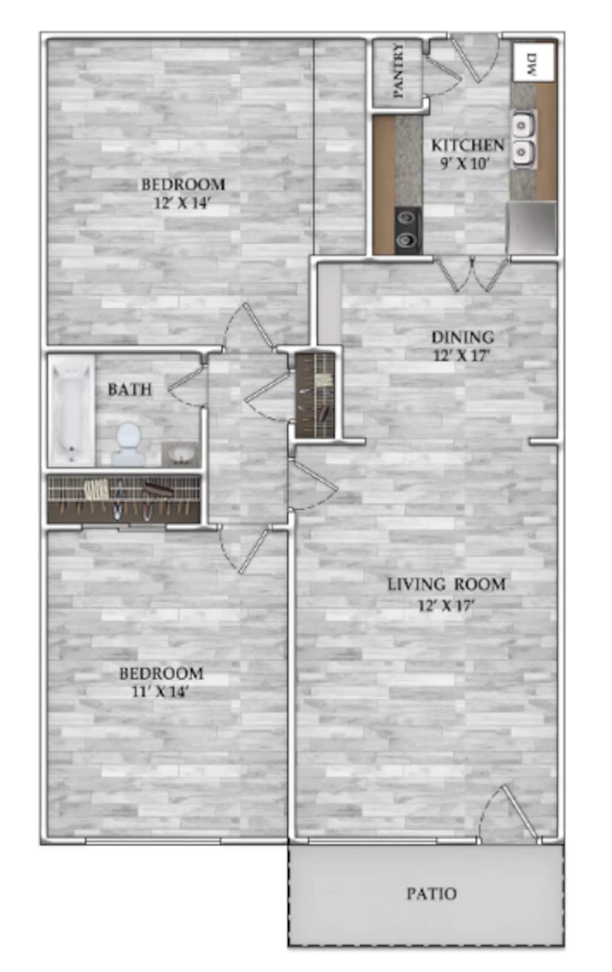 Floorplan diagram for 1x1 675 Sf, showing 1 bedroom