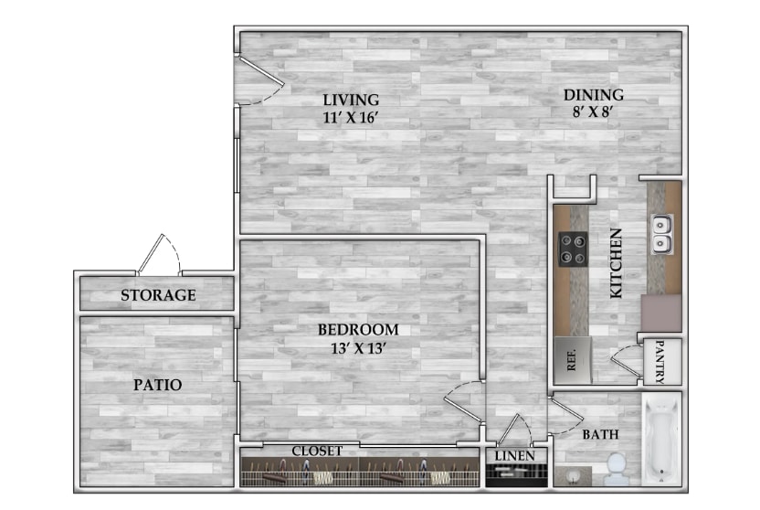 Floorplan diagram for 1x1 659 SF, showing 1 bedroom