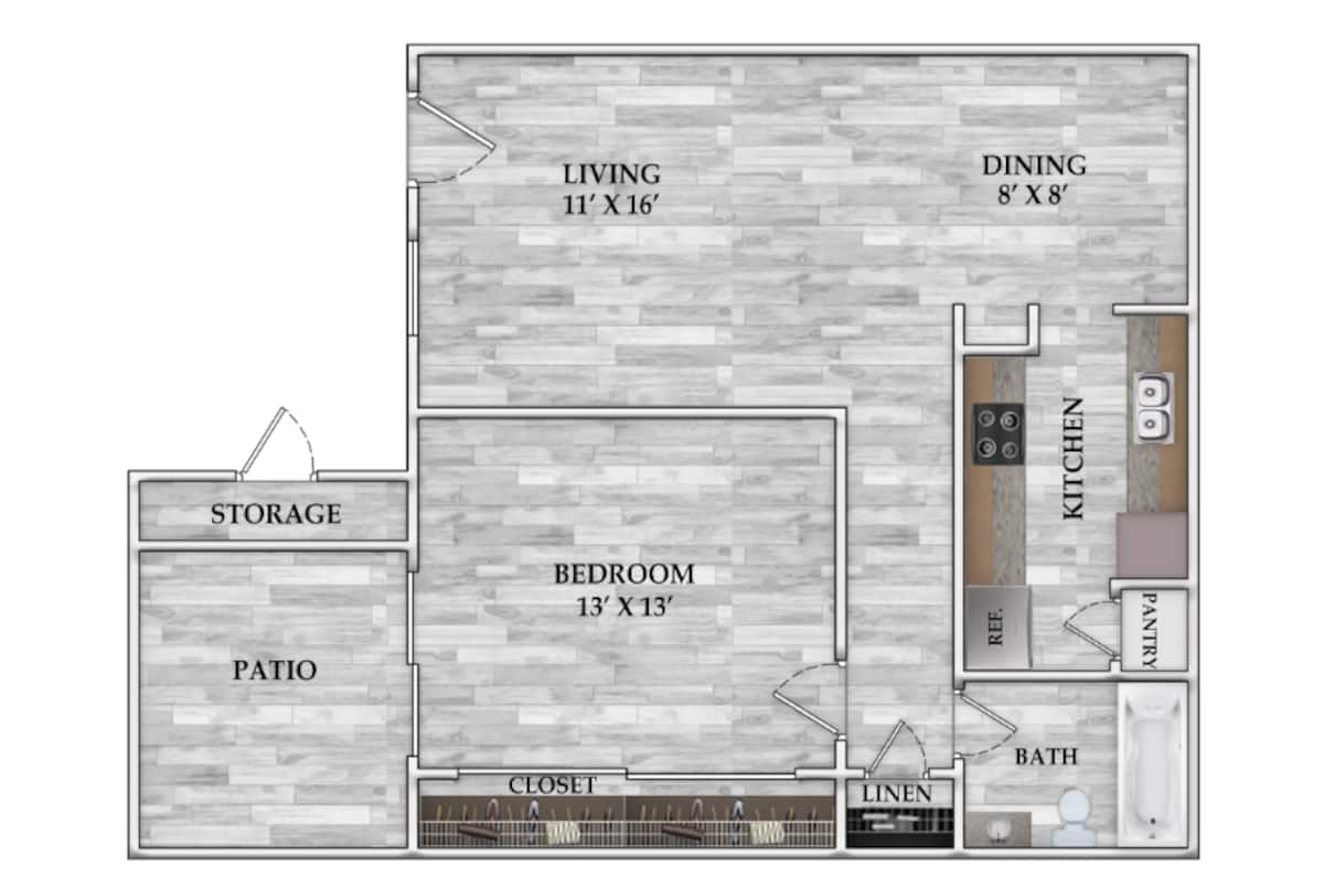 Floorplan diagram for 1x1 659 SF, showing 1 bedroom