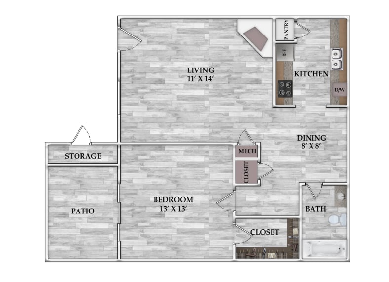 Floorplan diagram for 1x1 671 SF, showing 1 bedroom