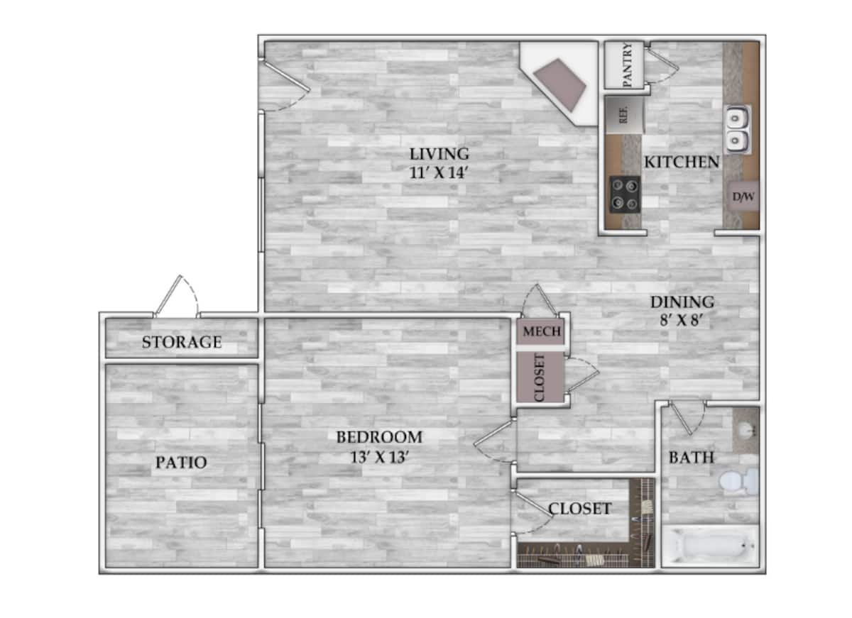 Floorplan diagram for 1x1 671 SF, showing 1 bedroom