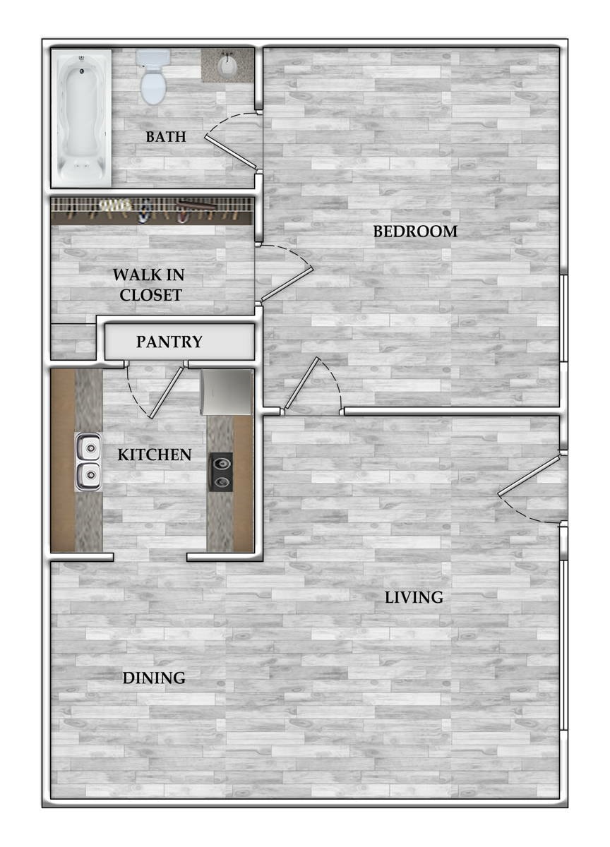 Floorplan diagram for 1x1 520 SF, showing 1 bedroom