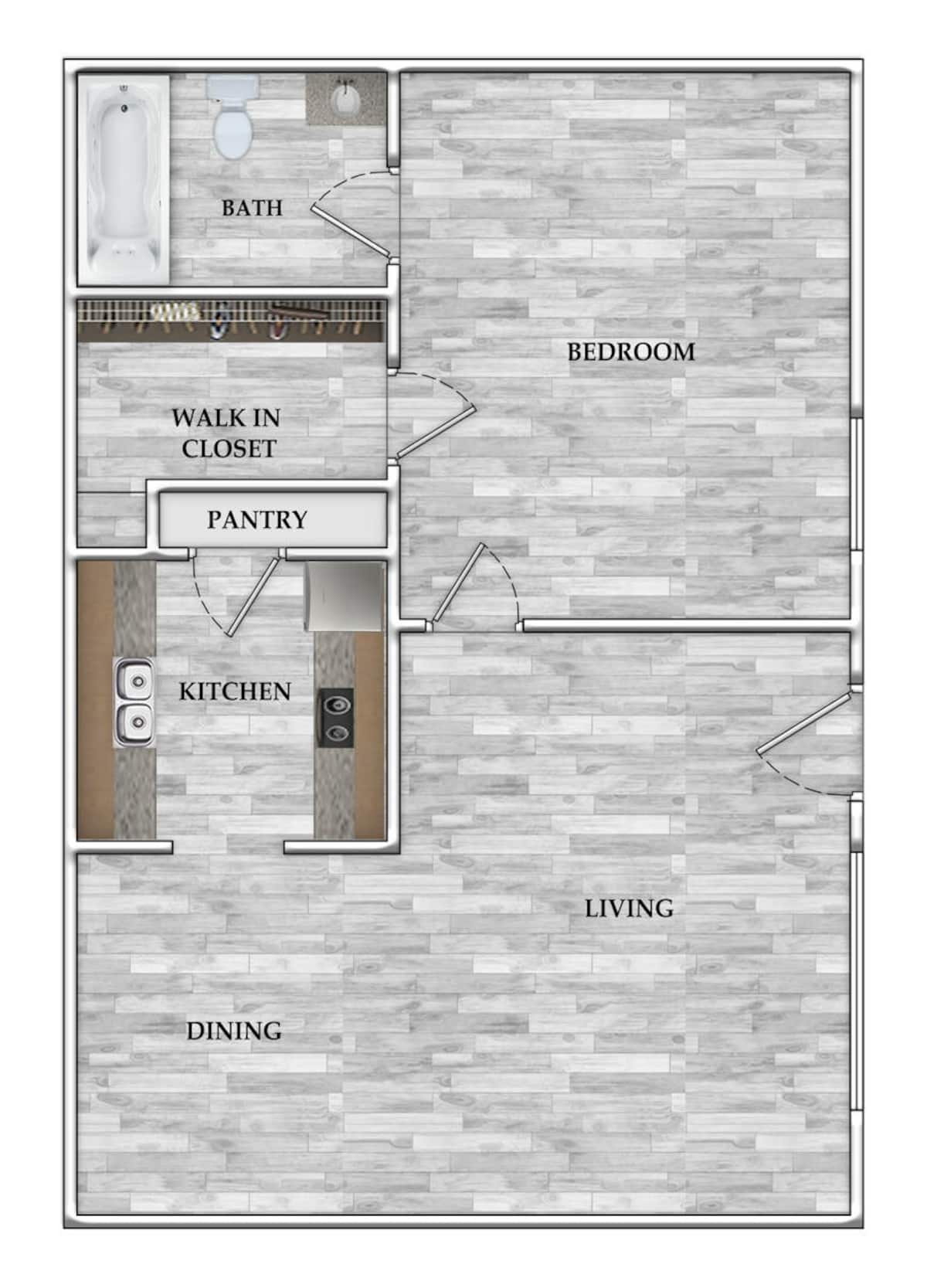 Floorplan diagram for 1x1 520 SF, showing 1 bedroom
