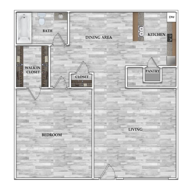 Floorplan diagram for 1x1 682 SF, showing 1 bedroom
