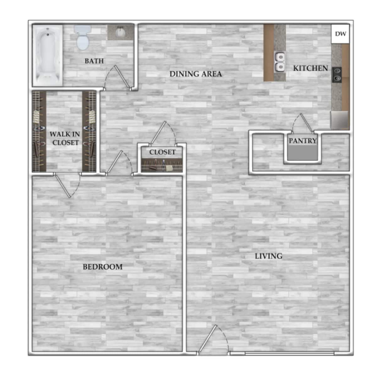 Floorplan diagram for 1x1 682 SF, showing 1 bedroom