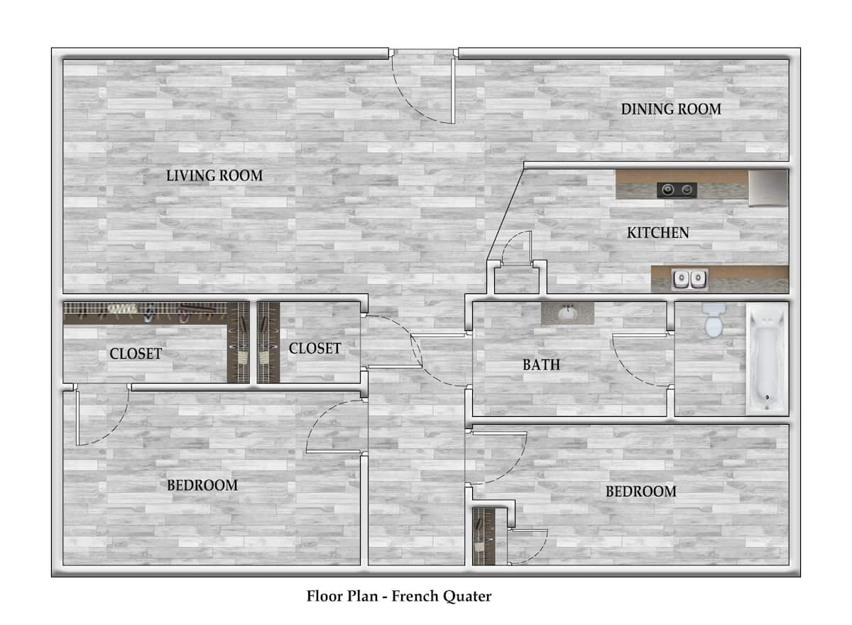 Floorplan diagram for 2x1 853 SF, showing 2 bedroom