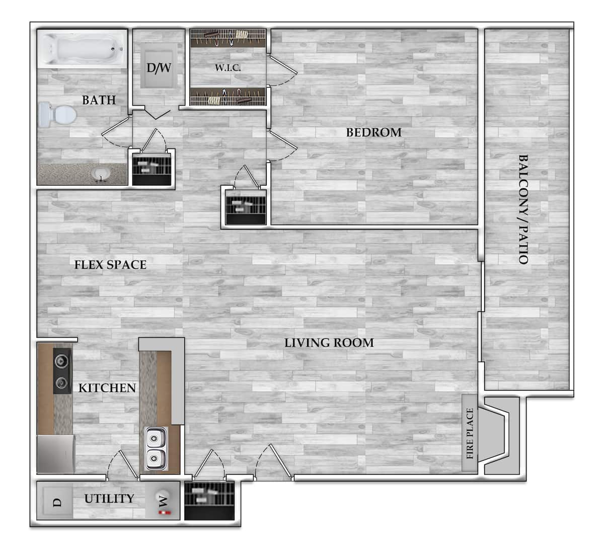 Floorplan diagram for 1x1 600 SF, showing 1 bedroom