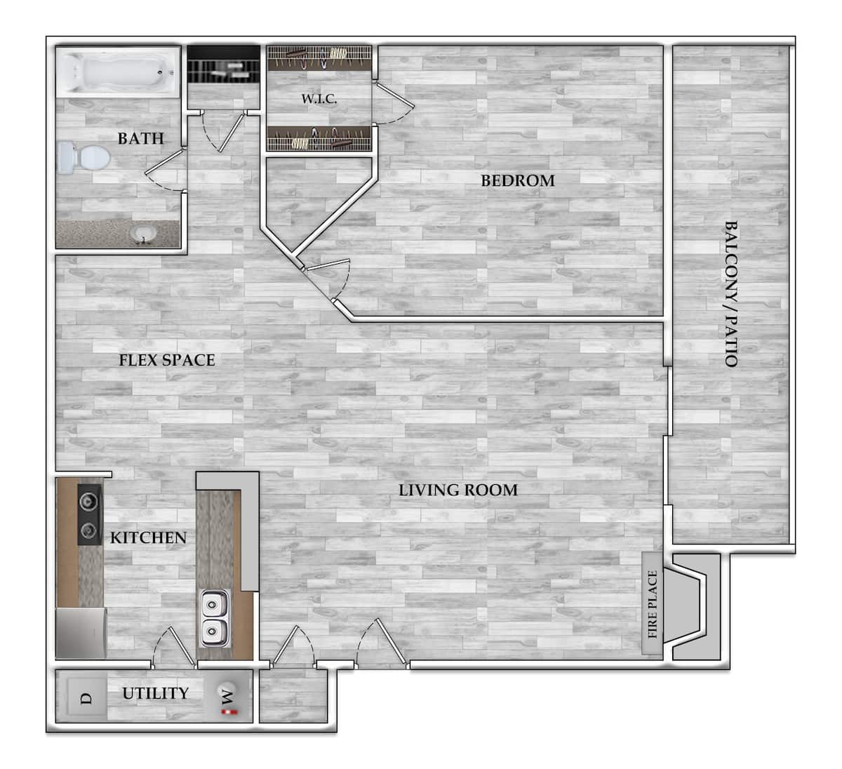 Floorplan diagram for 1x1 650 SF, showing 1 bedroom
