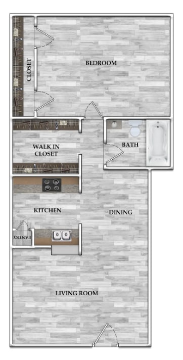 Floorplan diagram for 1x1 668 SF, showing 1 bedroom