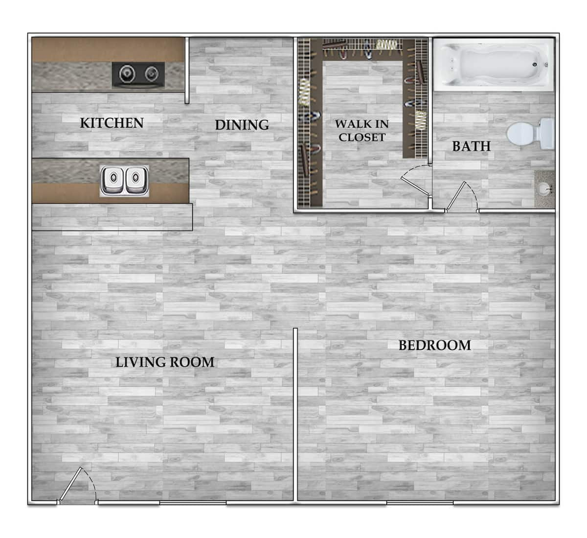 Floorplan diagram for 1x1 672 SF, showing 1 bedroom