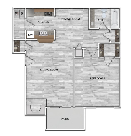 Floorplan diagram for 1x1 588 SF, showing 1 bedroom