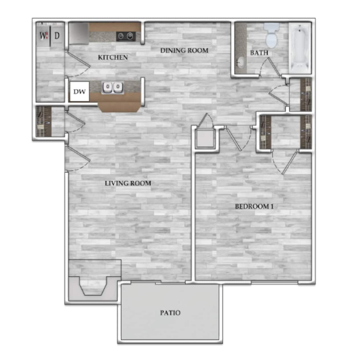 Floorplan diagram for 1x1 588 SF, showing 1 bedroom