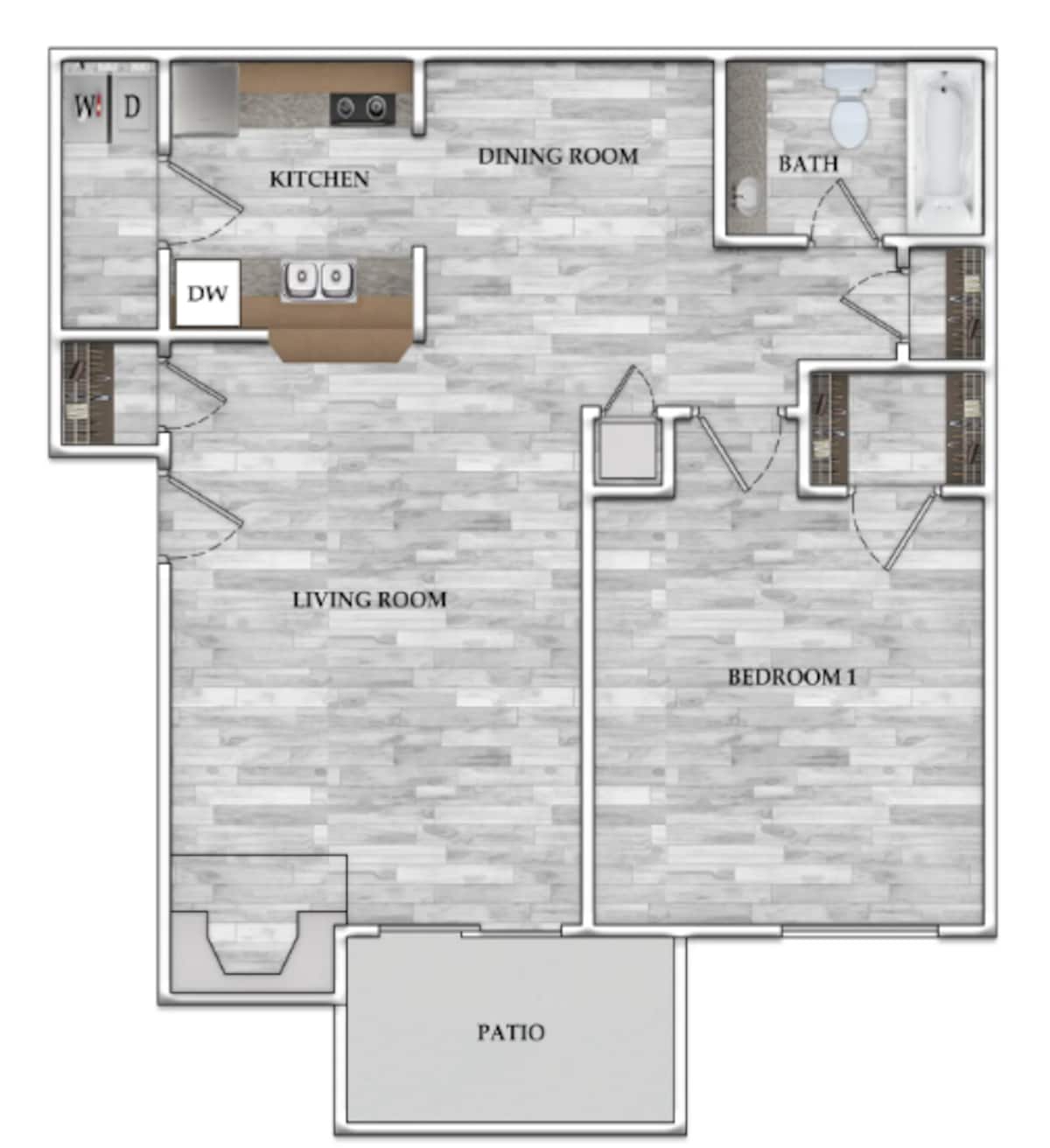 Floorplan diagram for 1x1 638 SF, showing 1 bedroom