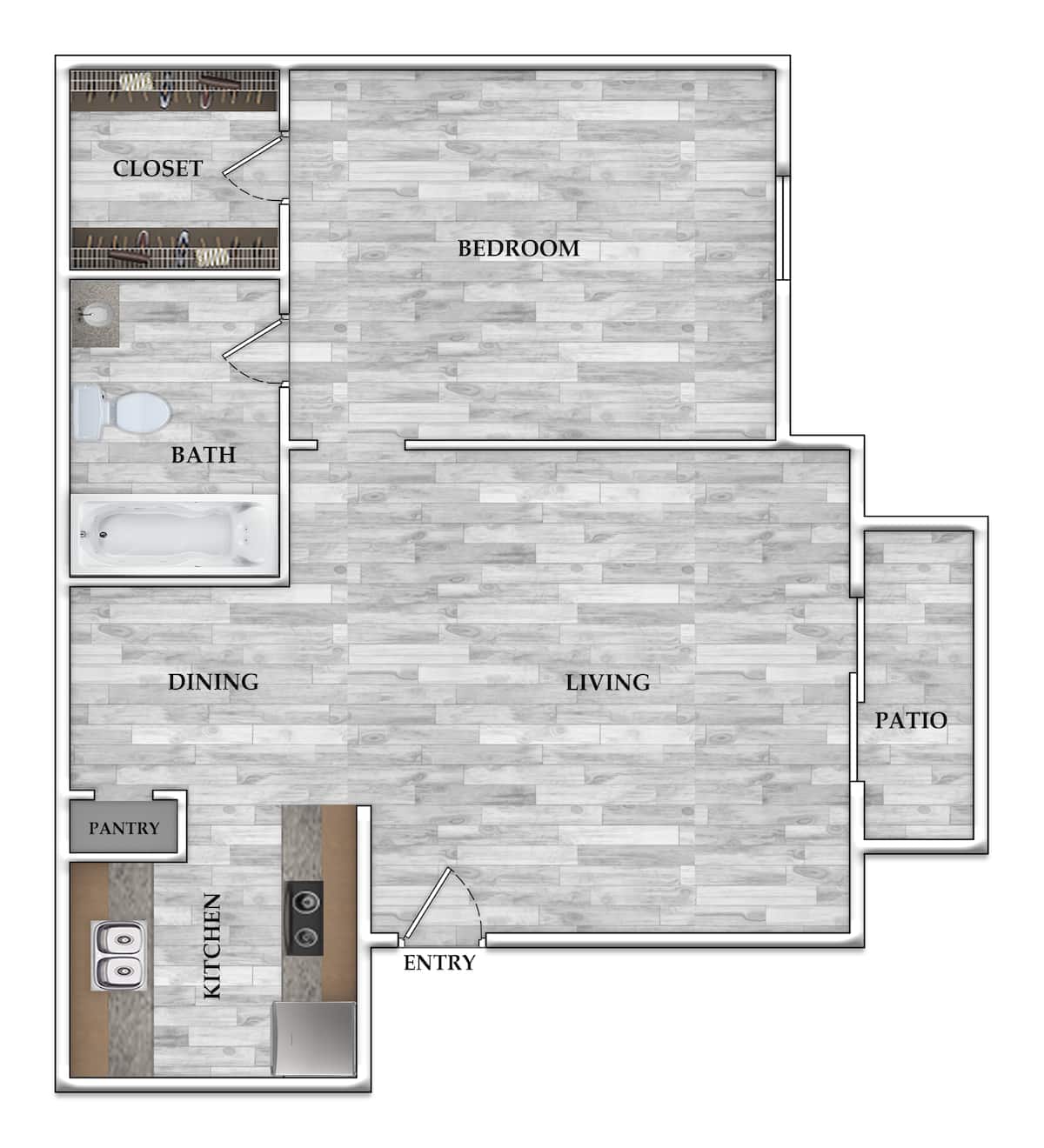 Floorplan diagram for 1x1 519 SF, showing 1 bedroom