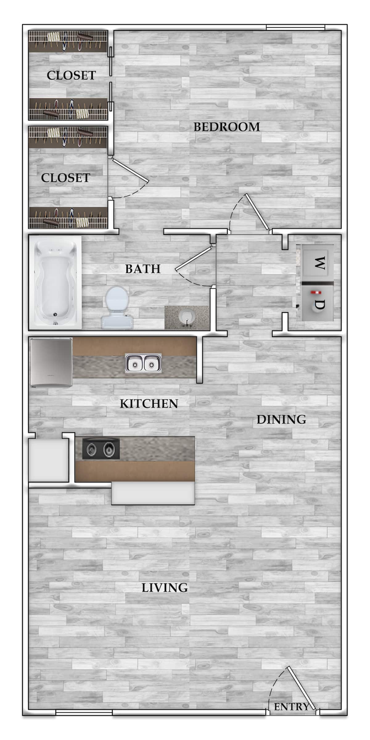 Floorplan diagram for 1x1 682 SF, showing 1 bedroom