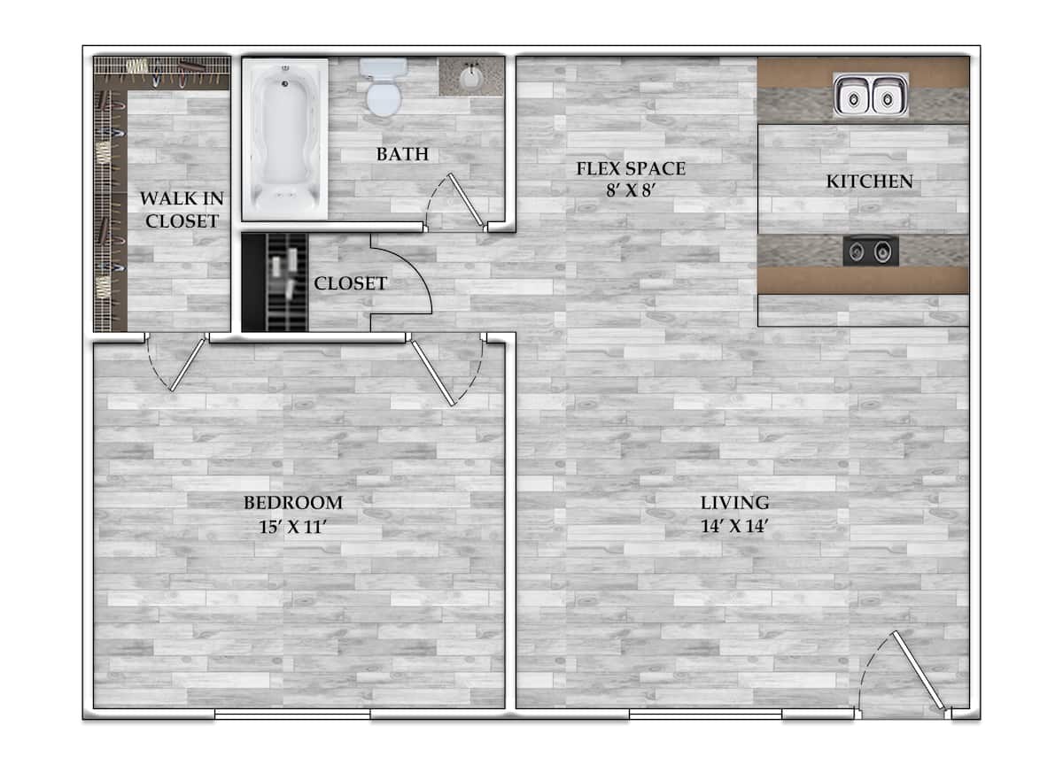 Floorplan diagram for 1x1 643 SF, showing 1 bedroom