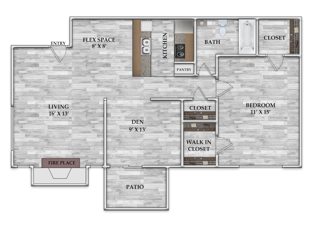 Floorplan diagram for 1x1 815 SF, showing 1 bedroom