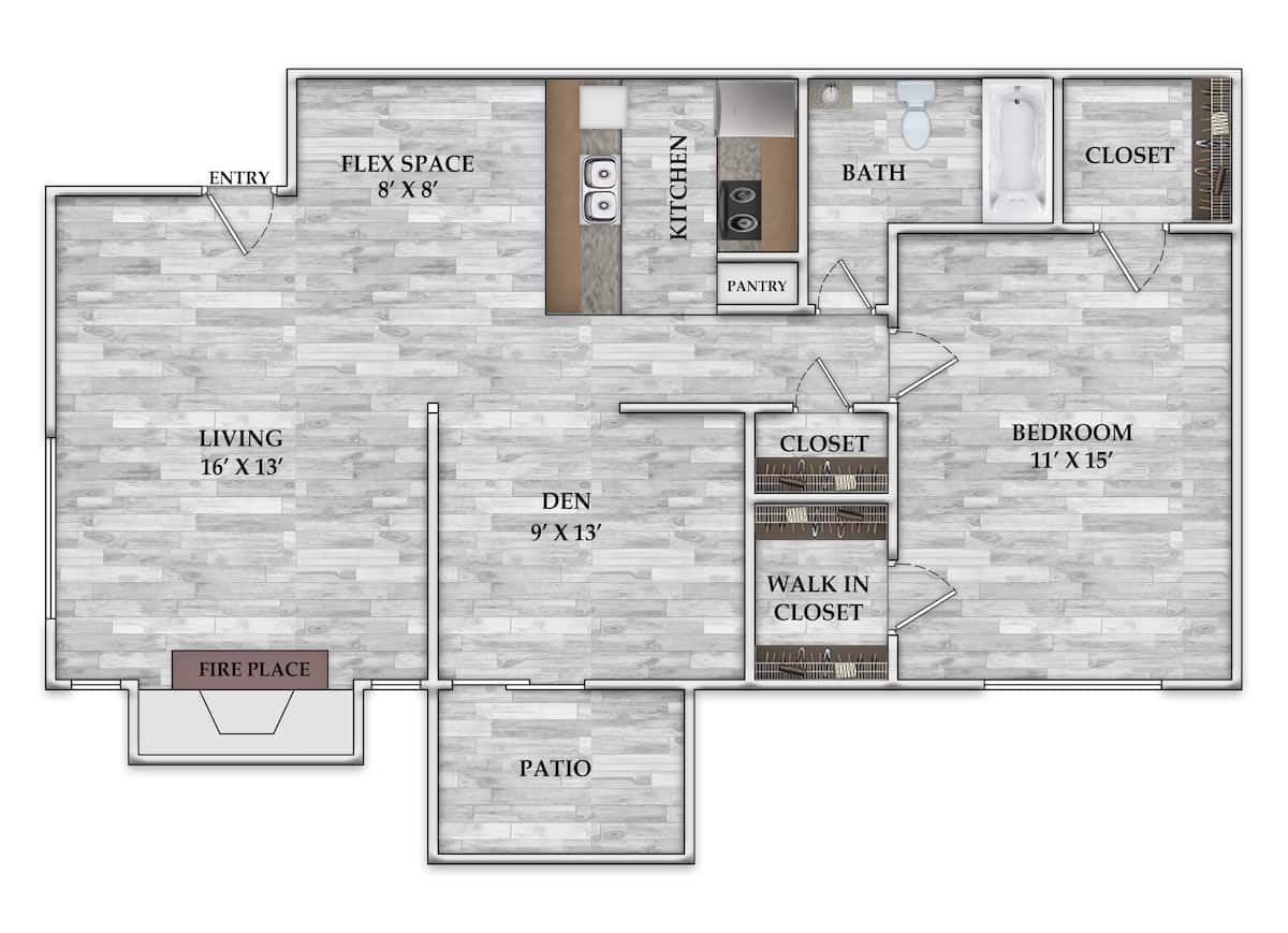 Floorplan diagram for 1x1 815 SF, showing 1 bedroom