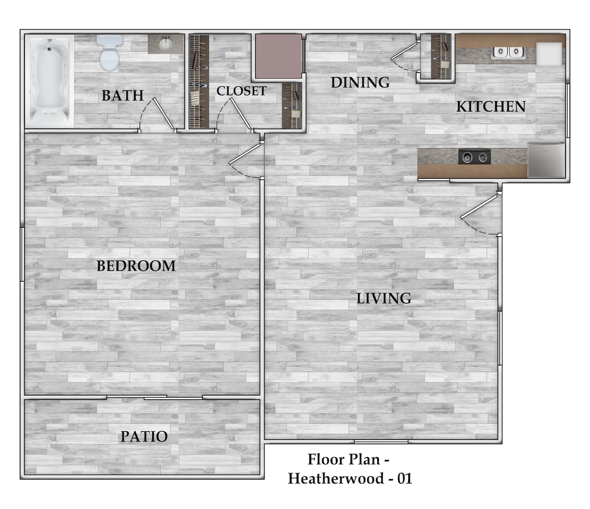 Floorplan diagram for 1x1 519 SF, showing 1 bedroom