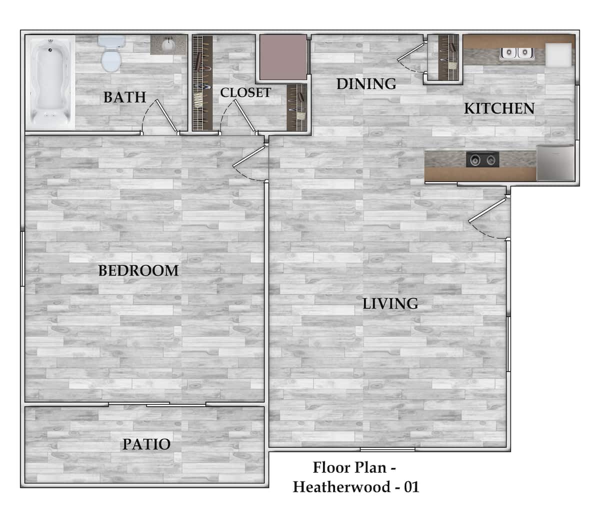 Floorplan diagram for 1x1 519 SF, showing 1 bedroom