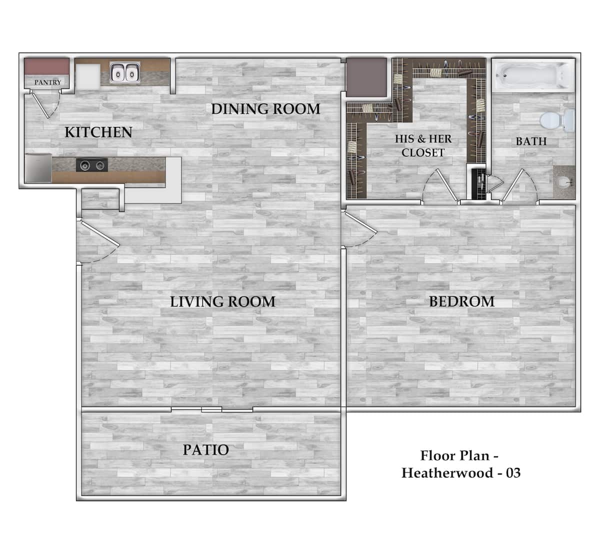 Floorplan diagram for 1x1 625 SF, showing 1 bedroom