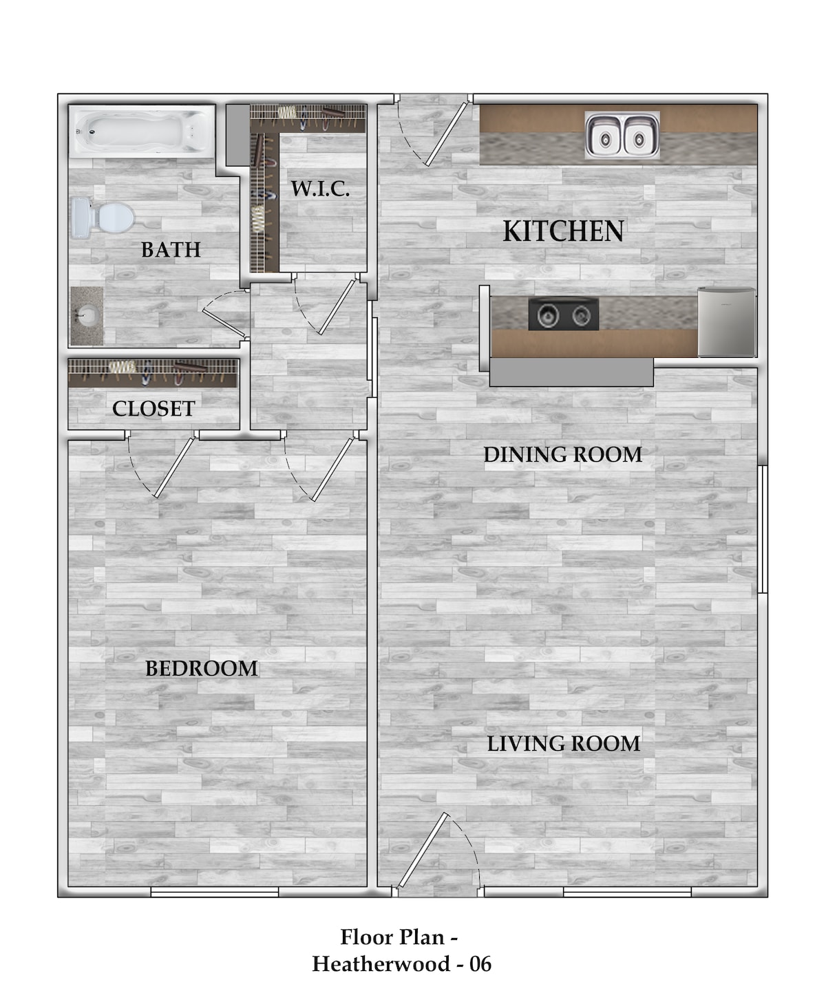 Floorplan diagram for 1x1 670 SF, showing 1 bedroom