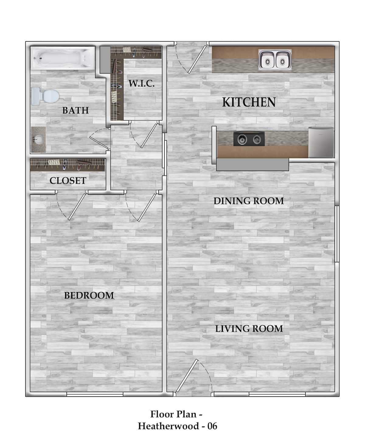Floorplan diagram for 1x1 670 SF, showing 1 bedroom