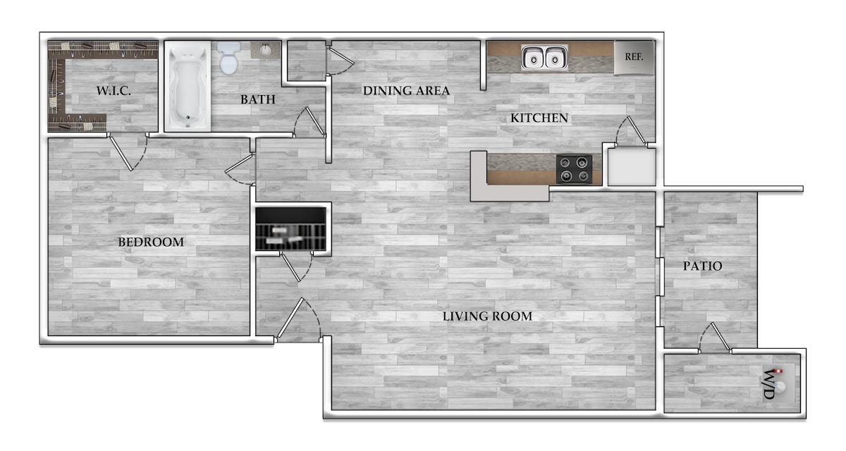 Floorplan diagram for 1x1 614 SF, showing 1 bedroom