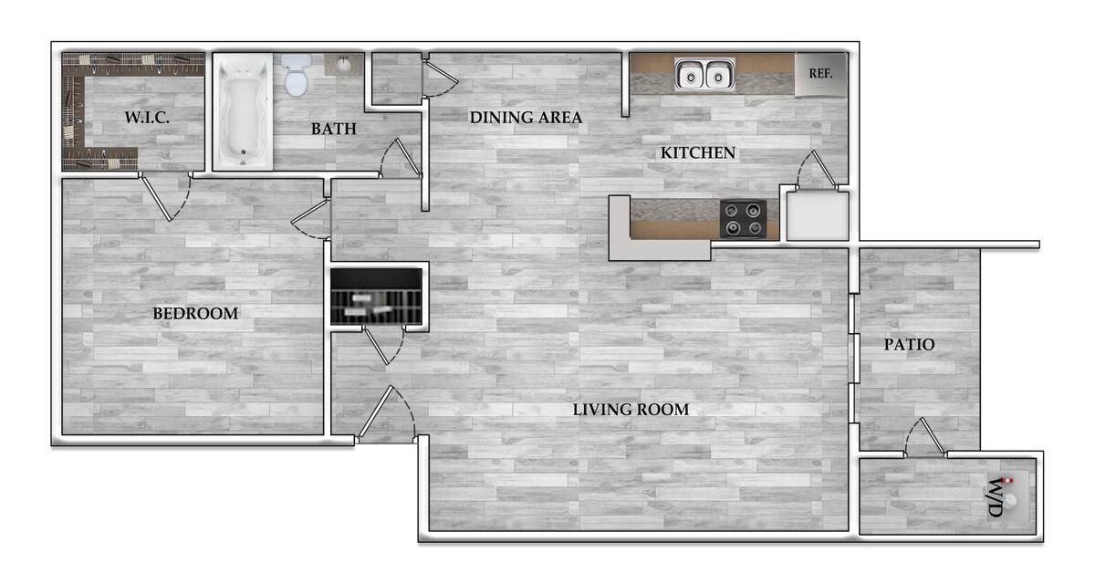 Floorplan diagram for 1x1 614 SF, showing 1 bedroom