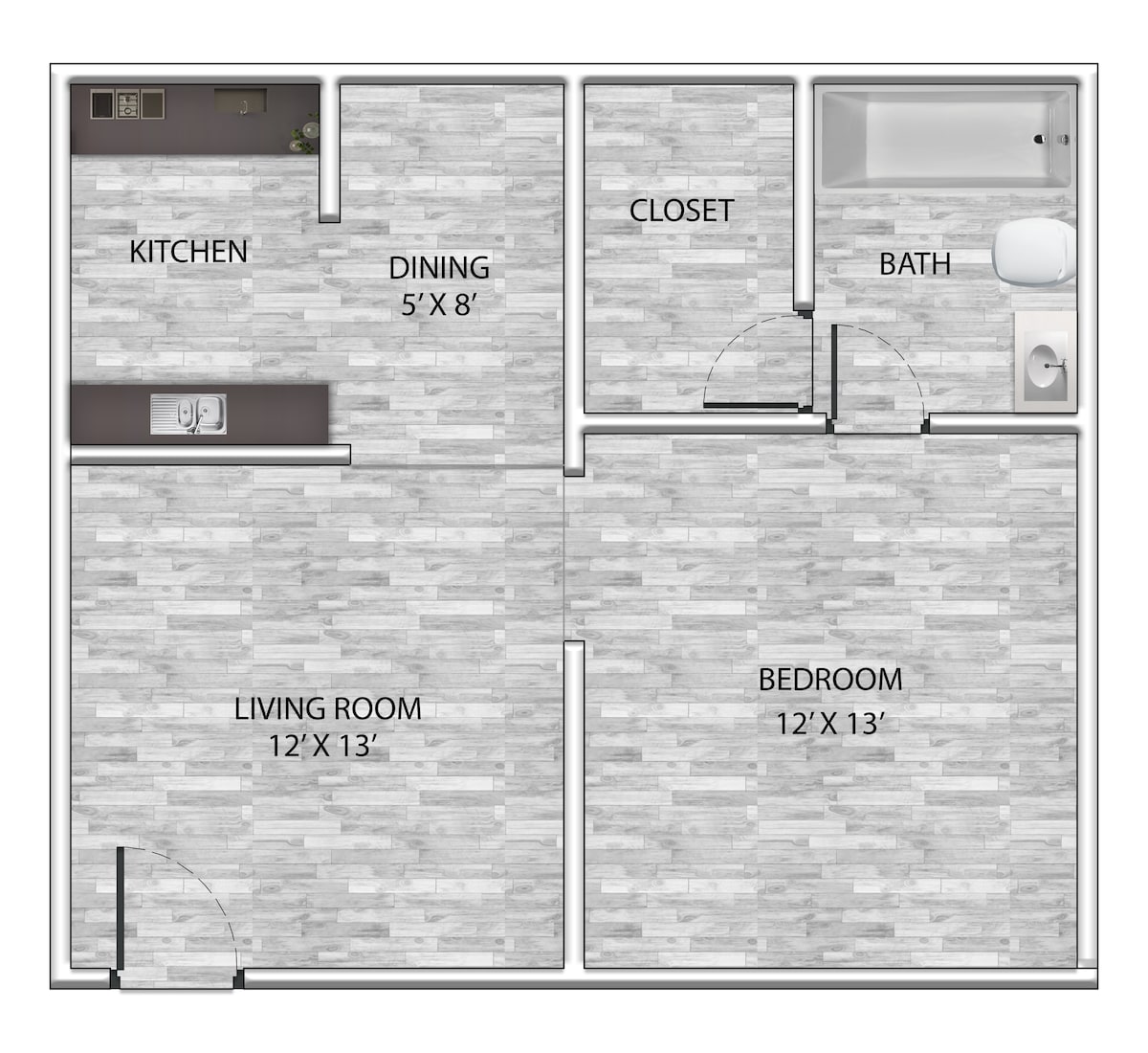 Floorplan diagram for 1x1 527 SF, showing 1 bedroom