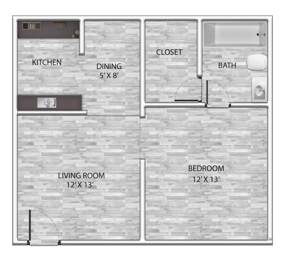 Floorplan diagram for 1x1 527 SF, showing 1 bedroom