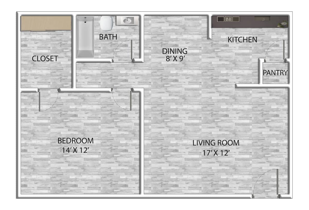 Floorplan diagram for 1x1 531 SF, showing 1 bedroom
