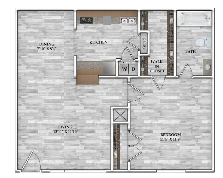 Floorplan diagram for 1x1 571 SF, showing 1 bedroom