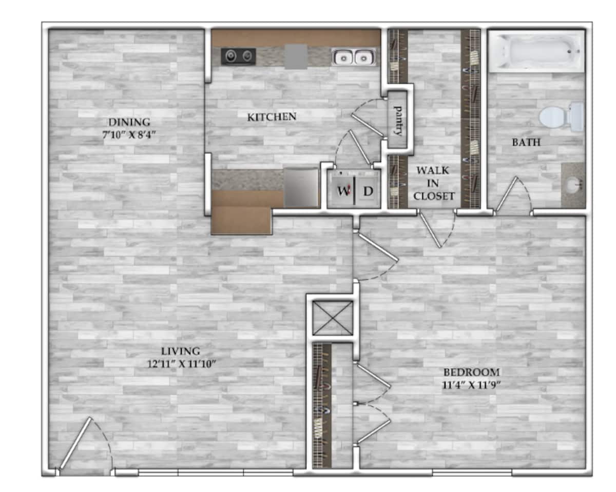 Floorplan diagram for 1x1 571 SF, showing 1 bedroom