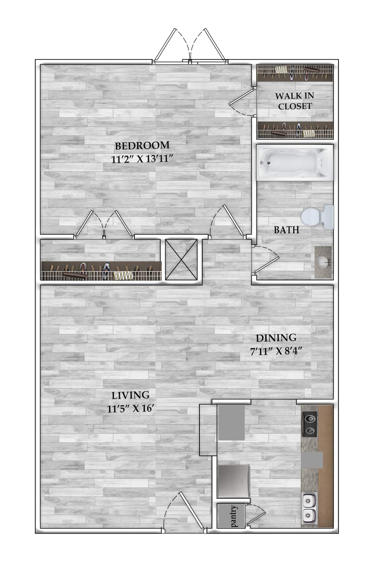 Floorplan diagram for 1x1 617 SF, showing 1 bedroom