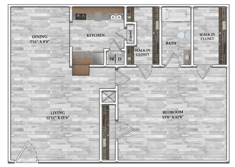 Floorplan diagram for 1x1 664 SF, showing 1 bedroom